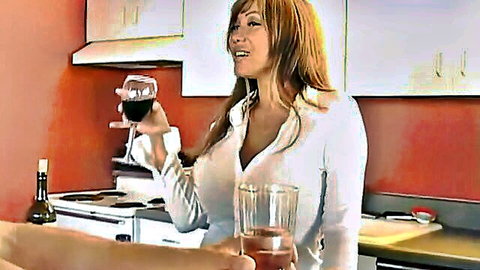 Seductive Asian MILF in low-cut white blouse toasting with wine glass, dirty talk anal tease