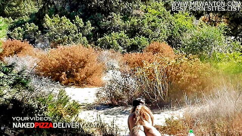 Nude blonde woman in outdoor stranger massage and fingering scene