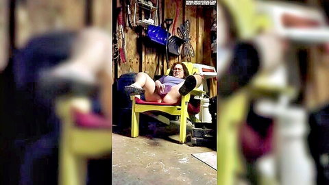Amateur BBW squirting in shed, legs spread on chair exposing pussy