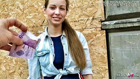 Cute teen Kinuski smiles in German Scout casting as money is offered