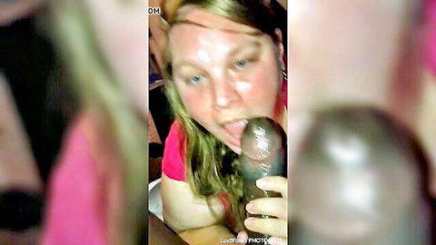 Blonde MILF with tongue out licks thick BBC cock in closeup blowjob