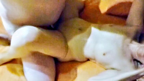 Nude wife with large breasts lying spread-eagled after stranger sex, cum on tits