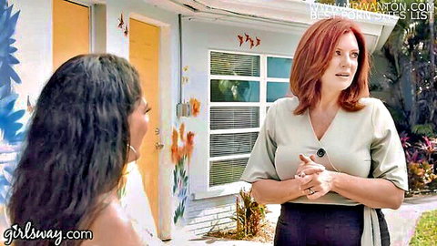 Gabriela Lopez talks to busty redhead MILF neighbor outside