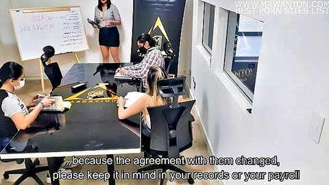 Martina Smith leading office meeting with sexy coworkers in short skirts