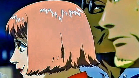 Pink-haired anime girl with intense expression beside black man in hentai scene