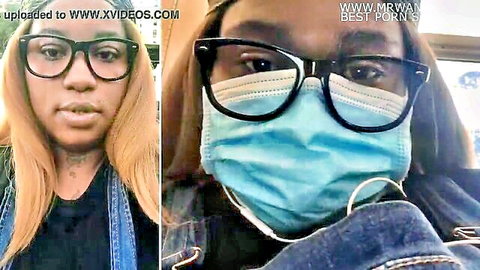Sexy ebony babe in glasses and blue mask pouting plump lips teasing for cock