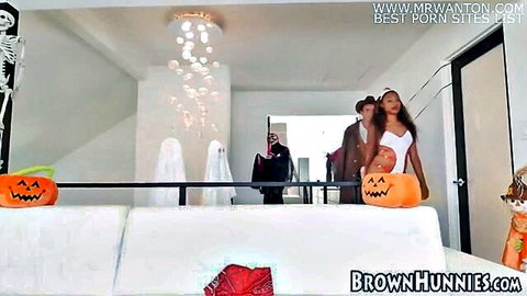 Chanell Heart in sexy white Halloween dress, ebony beauty teased