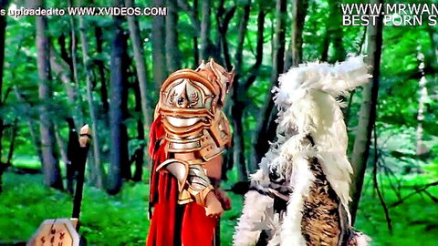 Fallen Angel in white feathered outfit with armored paladin in fantasy forest parody