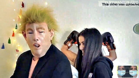 Trump mask man ambushed and donkey punched by dark-haired actress in protest