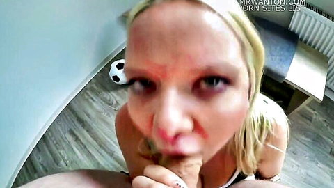 Big tits German blonde girl intensely sucking fingers, close-up face