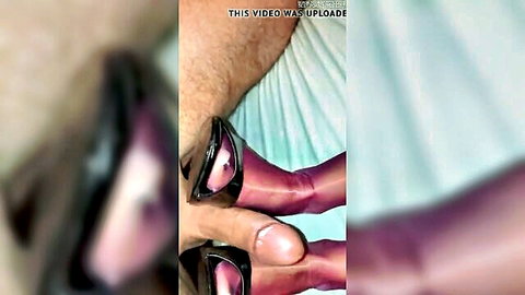 Violet glossy pantyhose footjob with high heel mules shoejob