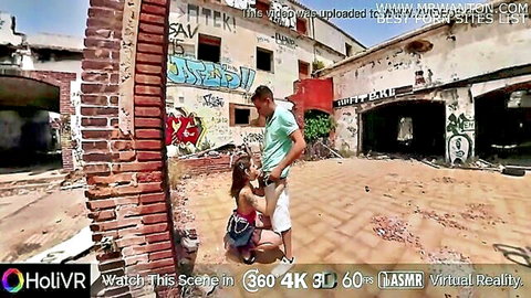 VR teen girl kneeling for outdoor blowjob in graffiti alley, tight pussy fucking
