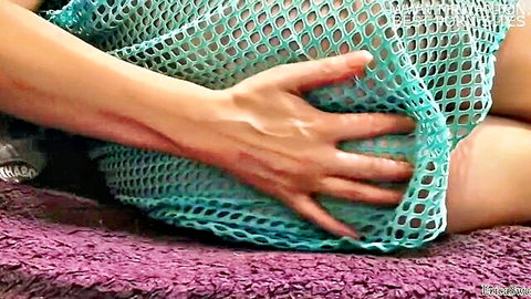 Housemaid in sheer green mesh dress sensually masturbating solo after cleaning