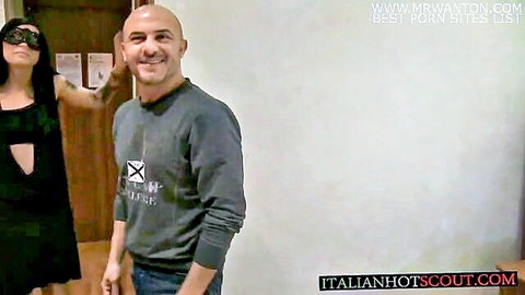 Blindfolded Italian teen in cleavage-revealing top touches bald guy during casting couch audition