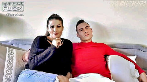 Pretty boy with sexy brunette woman cuddling on couch for rough sex