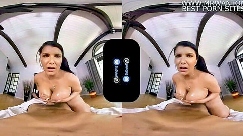 Romi Rain inked Latina babe nude kneeling in VR chakra alignment scene