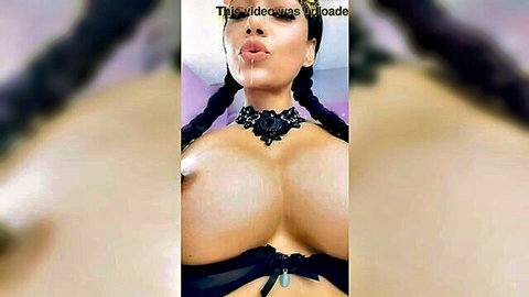 Busty Lara Tinelli in black lingerie, teasing with big tits and choker