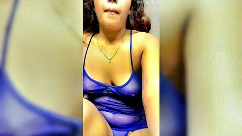 Curvy Indian woman in sheer blue lingerie teasing solo