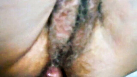 Close-up of hairy pussy spread wide open revealing wet pink labia and clit