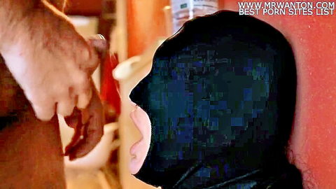 Masked woman in black balaclava gets mouth fucked and cum on mask