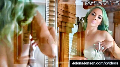 Jelena Jensen green hair rubs wet pussy in mirror solo