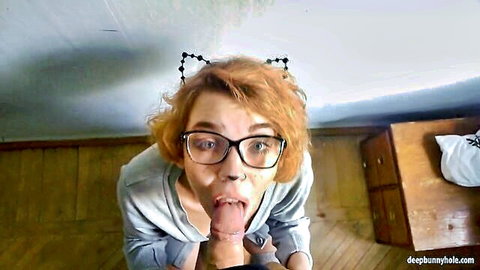 Redhead neko teen with glasses deepthroating cock in POV