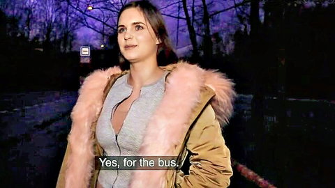 Taylee Wood in pink fur coat, teasing cleavage at night bus stop, Public Agent
