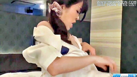 Yui Satonaka in off-shoulder white dress, seductive pose