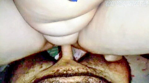 Thick white woman facesitting on bearded man's face, close-up pussy view