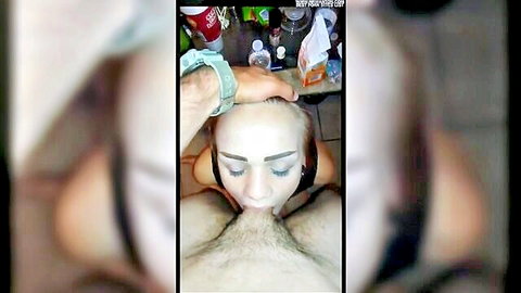 Blonde woman giving talented deepthroat blowjob close-up
