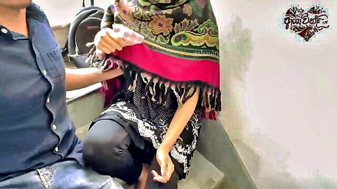 Desi hijab girl in traditional attire giving outdoor handjob to man