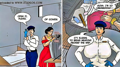 Busty Indian policewomen with massive tits in tight uniforms embarrassed checking luggage for weapons on ship comic