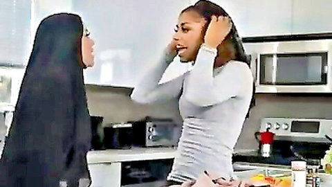Milu Blaze as Arab stepsister in hijab, intimate kitchen moment with stepsister