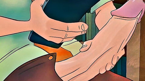 Animated hand gripping massive erect pink cock while holding phone to film close-up.