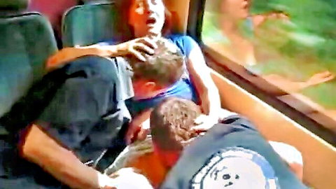 Blonde woman double penetrated by two men on German train