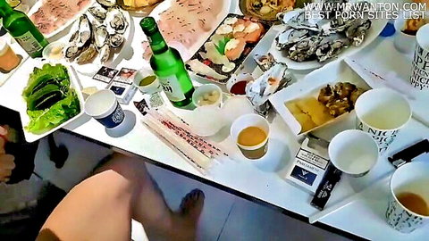 Amateur Korean swinger dinner scene with oysters, fish, beer and bare leg