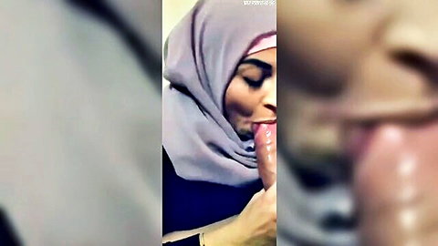 Hijabi Arab MILF licks and sucks big cock tip with tongue out in homemade blowjob