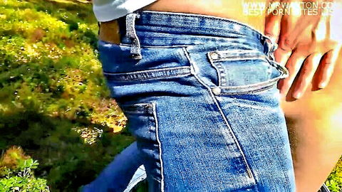 Sexy mushroom picker girl outdoor jeans tease exposing crotch