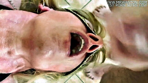 Blonde woman in intense deepthroat POV with open mouth and facial