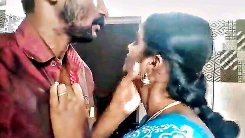 Tamil aunty in blue saree kissing bearded Indian man passionately