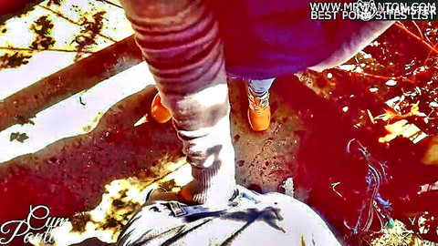 POV cum dripping from wife's shaved pussy and ass after outdoor creampie fuck as she walks away