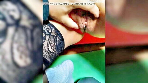 Amateur hand pulls black lace panties aside teasing shaved pussy