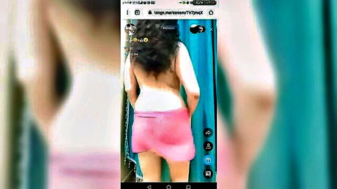 Brunette woman topless back view in pink mini skirt tango live