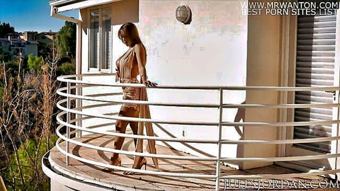 Vivian Azure Russian supermodel in sheer dress on balcony tease