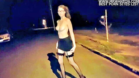 Topless brunette in stockings teases on busy night road for anal