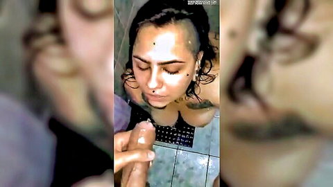 Submissive woman in shower fingered intimately, wet face and body