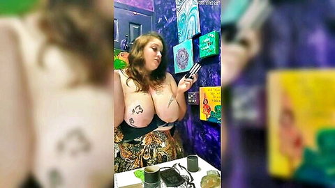 Tattooed BBW goth wife relaxing topless during art lesson