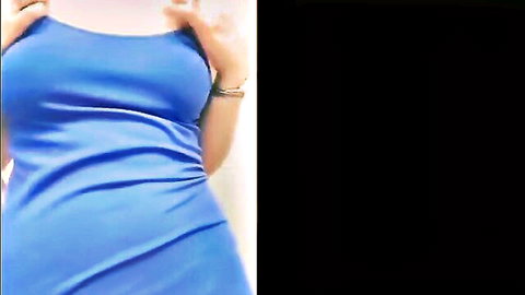 Maya Morena teasing in tight blue dress with deep cleavage
