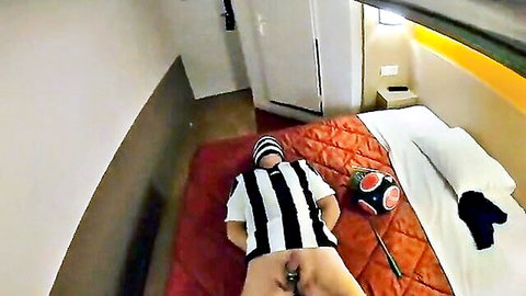 POV punishing football coach in referee jersey, exposing erect cock with soccer ball nearby
