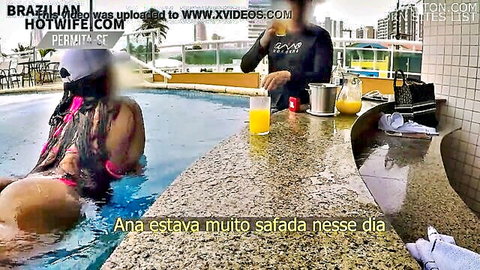 Ana in pink bikini arches big ass teasing waiter at pool, Brazilian hotwife amateur